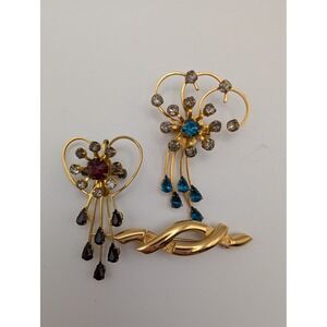 Vintage Brooches Lot Gold Tone Floral Heart Faux Gemstone Costume Jewelry